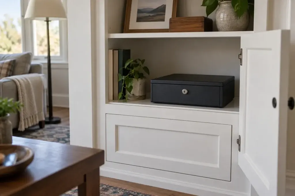 Illustrative image of a closed lockbox inside a home cabinet